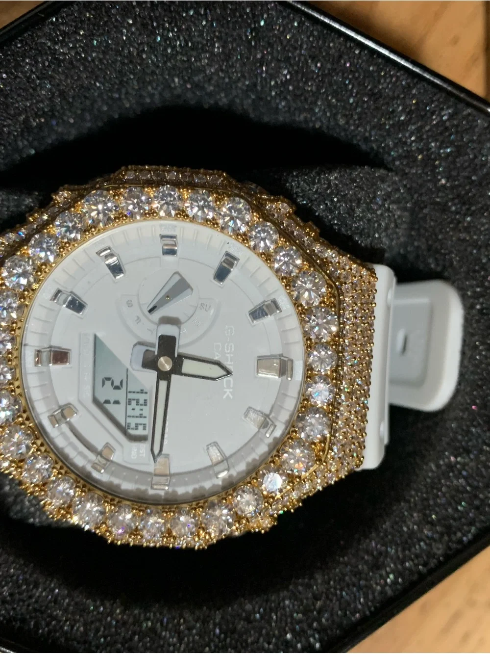 G-Shock White and Gold moissanite Bezel Sport Watch